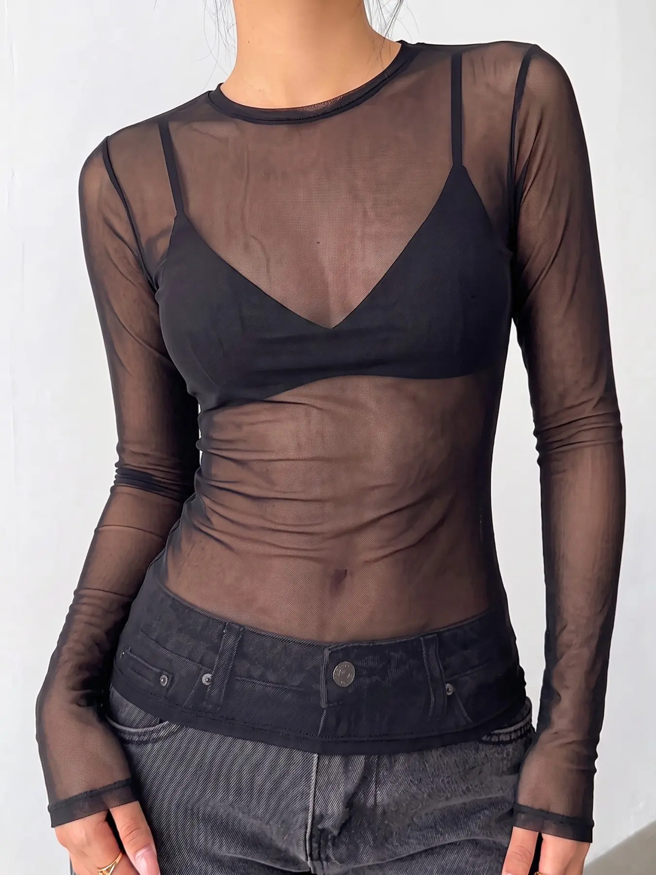 Black Sheer Mesh Mock Neck Long Sleeve Top Stretchy See Through Layering Viral TikTok Shapewear Slim Fit Bodycon Outfit For Club Night Out Party Streetwear Baddie Going Out Festival Transparent Mesh Layer Basic Y2K Top Casual Daily Night Bar Date Night