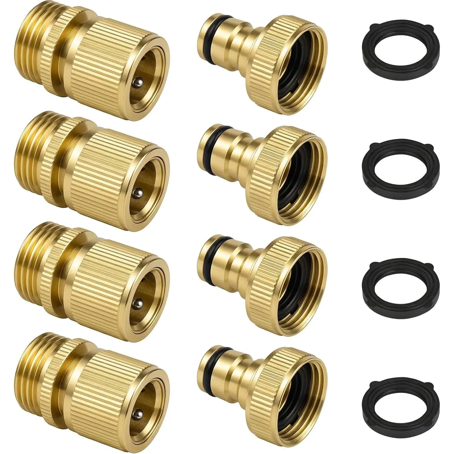 Garden Hose Quick Connect Fittings,Solid Brass 3/4" GHT,4 sets | Female&Male Connectors with Extra Washers,Leak-Resistant,Quick Release Kit for Garden Hoses,Sprinklers&Outdoor Watering