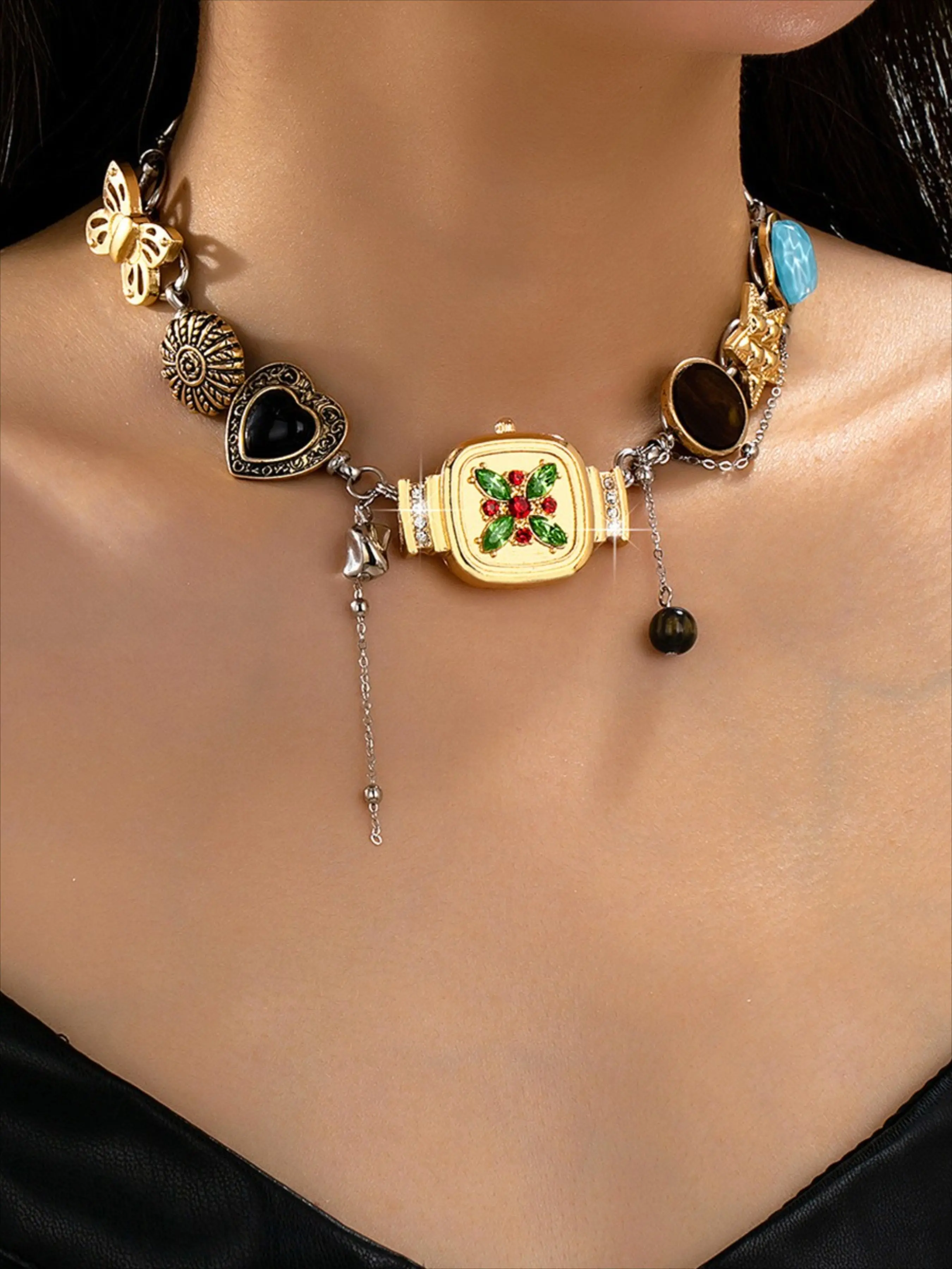 1pc butterfly love star pendant necklace, European and American style multi-element splicing necklace, retro and old beaded jewelry for women, suitable for daily wear and various activities