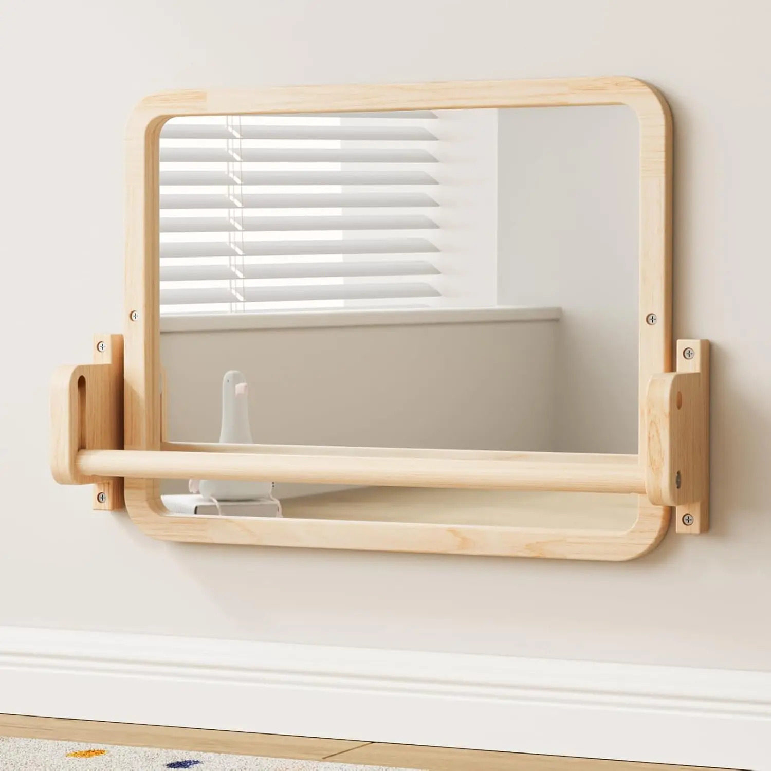 Montessori Mirror with Bar, Adjustable Baby Pull to Stand Toys, Natural Unpainted Solid Wood Frame & Baby Pull Up Bar, Infant Coordination Toddler Mirror, Developmental Toys for 6-18 Monthsfidget toys