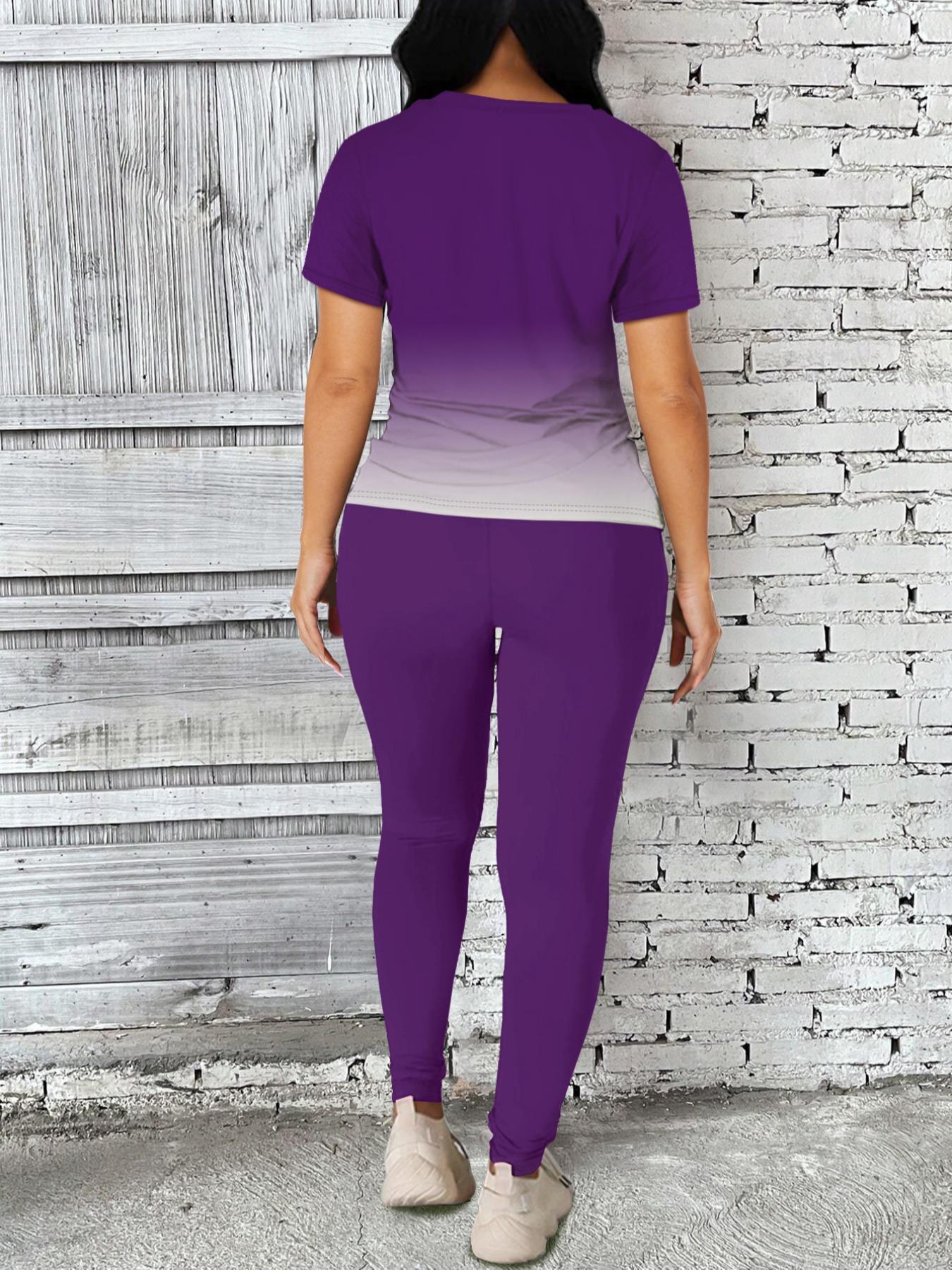 Women's Ombre Gradient Letter Print Short Sleeve Tee & Leggings Set, Casual Round Neck Fitted T-Shirt & Skinny Pants For Daily Wear, Ladies Two-Piece Outfits For All Seasons