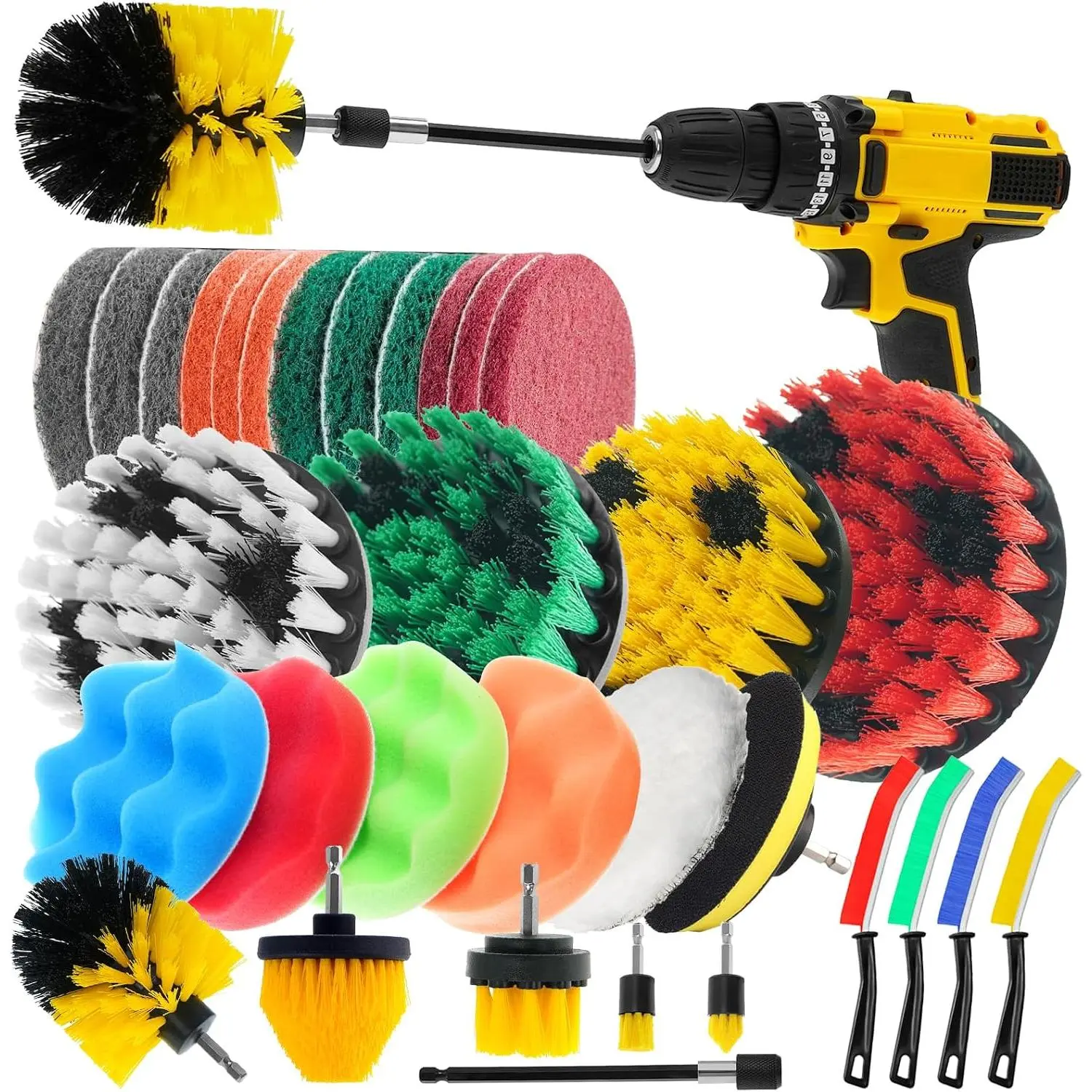 32 Pack Drill Brush Attachments Set Scrub Pads Sponge Buffing Pads Crevice Cleaning Brush for  Bathroom  Kitchen Corners Sink Stubborn Stains Tiles  Polishing Kit