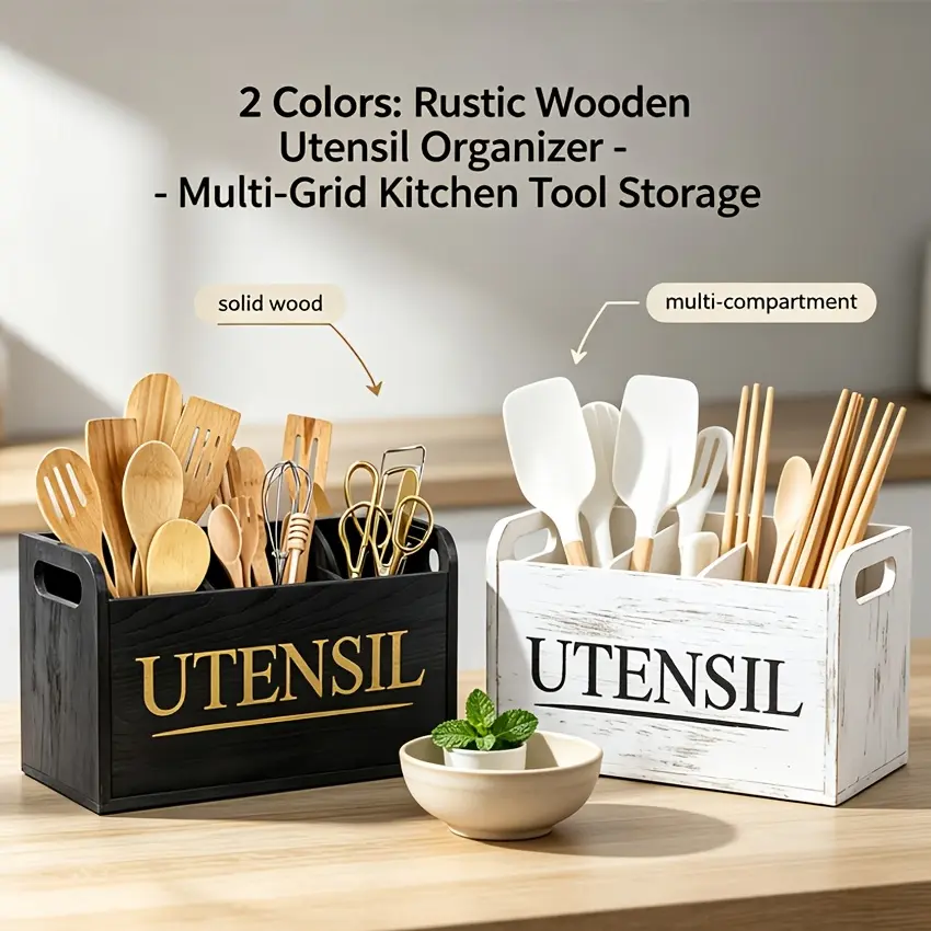[Aura & Isle]Farmhouse-style rustic wooden kitchen utensil rack, 3-compartment countertop utensil storage organizer, wooden utensil basket for storing forks, spoons, knives, and cooking tools