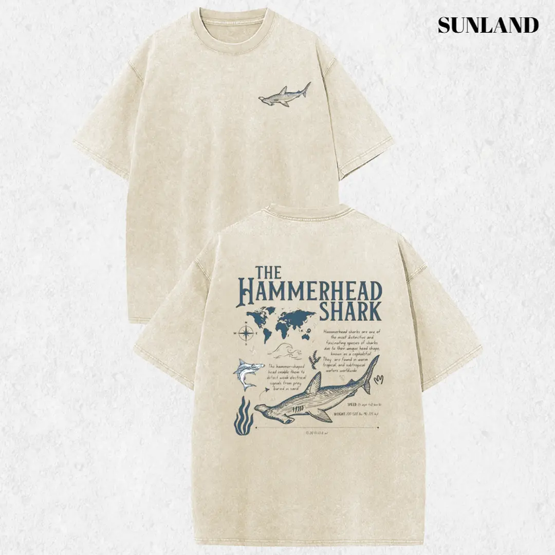 Sunland Acid Wash Vintage "The Hammerhead Shark"Two-Sided Print T-Shirt Heavyweight Cotton Streetwear Graphic Vintage Tees Menswear Womenswear Crewneck Tshirt Fit