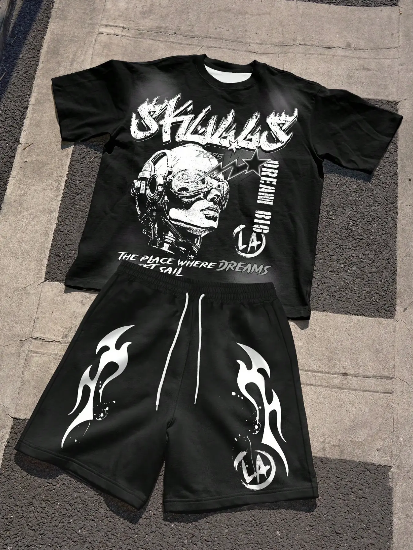 Men's Letter Pattern Print Short Sleeve Tee and Drawstring Shorts Set, Casual Summer, Outdoor Leisure Wear