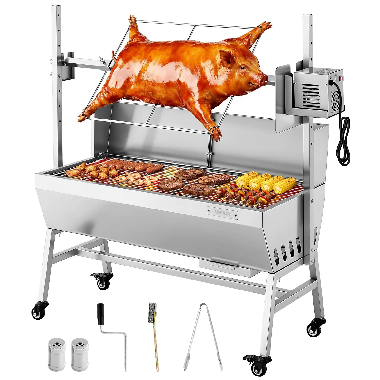 VEVOR 37-Inch Sturdy Stainless Steel Electric Rotisserie Barbecue Grill, 38W Portable Outdoor Pig & Lamb Spit Roaster with Charcoal Kit, 132 LBS Meat Load Capacity, 7-Level Adjustable Height, Brush & Manual Crank for Camping