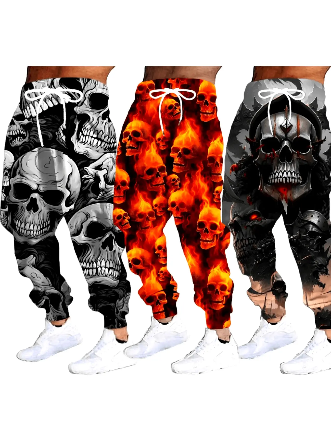 3 Pcs American Streetwear Skull Series Sweatpants, All over Print, Drawstring Waist, Ankle Length, Casual Fitted Pants for Men
