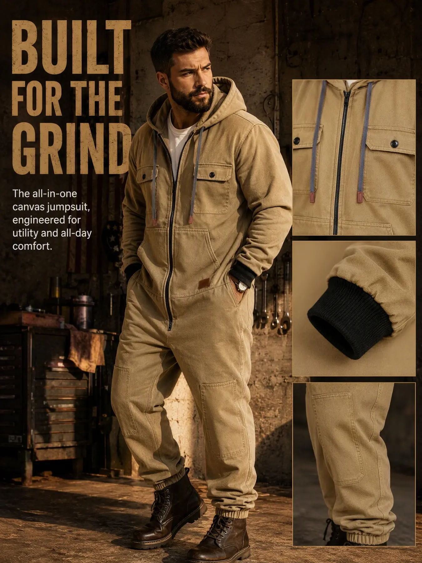 Men's Outdoor Casual Zipper Workwear Overall Uniforms, 100% Polyester Material, Long Sleeve, Ankle Length, Natural Waist, Loose-Fitting Suit