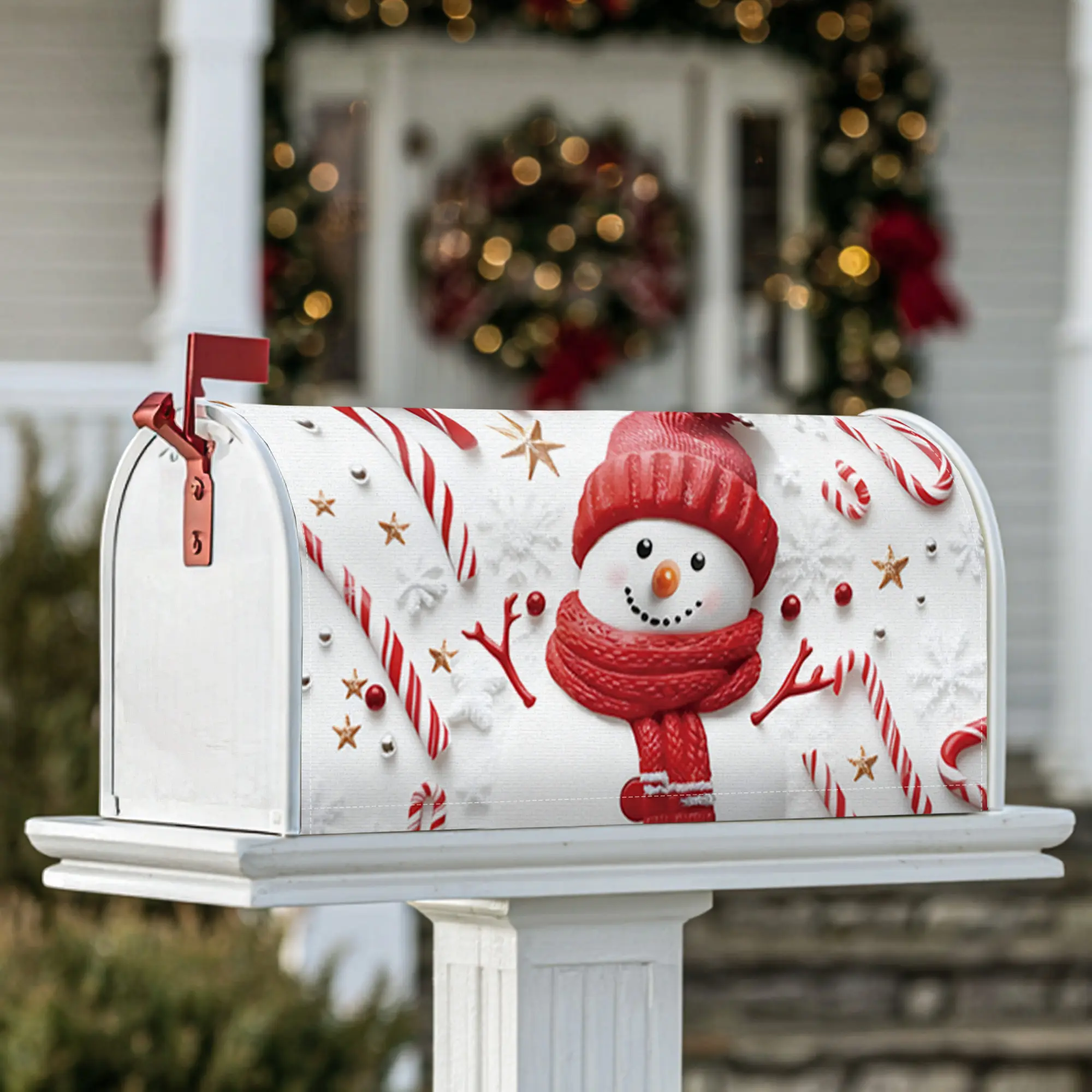 snowman Magnetic Mailbox Covers, Christmas festive candy cane snowflake Christmas red Mailbox Decorations for Front Yard Decor
