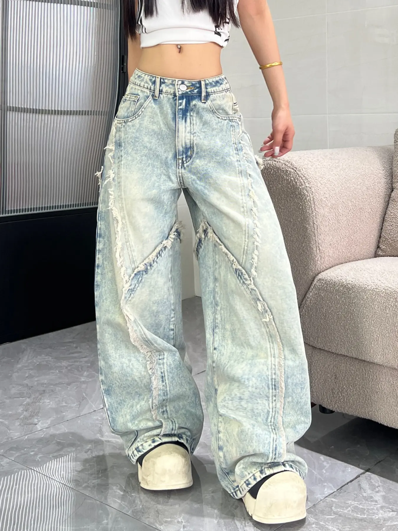 Vintage Distressed Frayed Edge Wide Leg Jeans for Women, American High Street Deconstructed Patchwork High Waist Flowy Long Pants, All Seasons