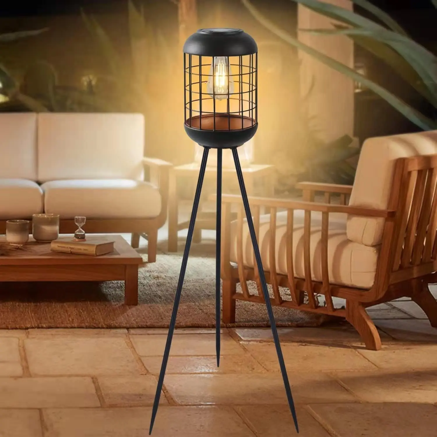 Solar Floor Lamp Outdoor Large Lanterns for Patio,  Big Solar Lamp Outdoor Metal Tripod Solar Lights for Deck Lawn Yard or Porch Decor(Black)