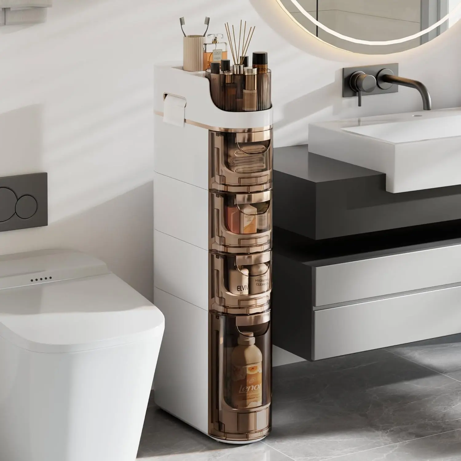 4-Tier Slim Bathroom Storage Cabinet with Wheels, Skinny Bathroom Storage Cabinet with Drawers, Toilet Paper Holder, Movable Narrow Floor Cabinet for Small Space, Bathroom