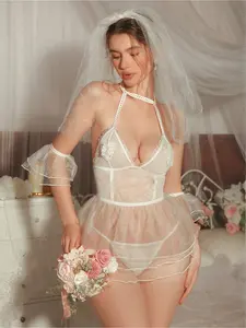 Women's Sexy Sleepwear Set, Bridal Lingerie, Lace Mesh Jumpsuit, 5-Piece, No Underwire, Perfect for Night Wear & Special Occasions
