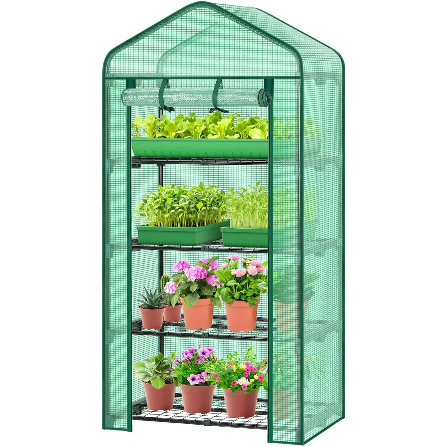 Mini greenhouse, suitable for indoor and outdoor use, small plastic plant greenhouse, 4-tier shelf structure, portable greenhouse, equipped with durable PE cover, suitable for seedling cultivation, dimensions are 2. 5x1. 6x5. 2 feet, an ideal gardening gi
