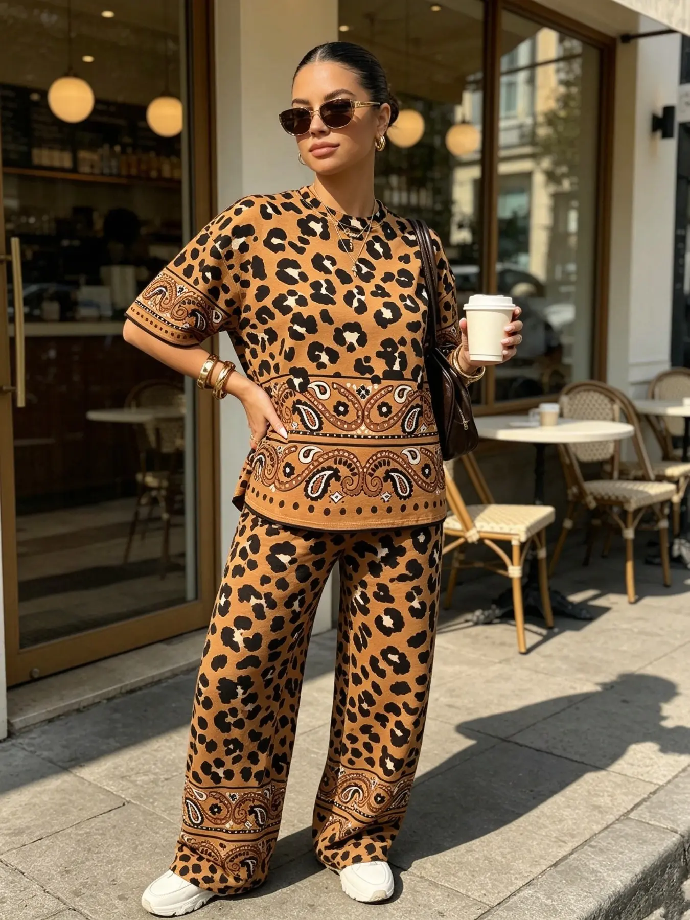 Y2K Retro Leopard Print Paisley Set, Ethnic Style Casual Two-Piece, Leopard Flower Patch Long Pants, Millennial Streetwear Fashion, Matching Outfit Set