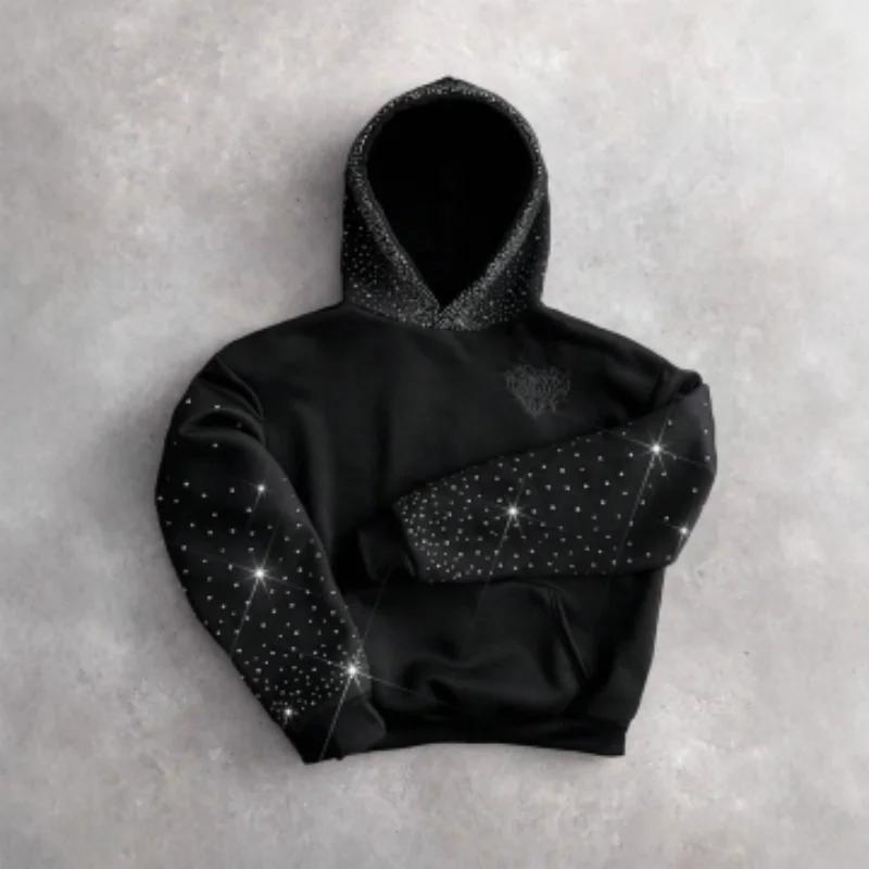 Kyn Apparel Rhinestone Embellished Hoodie Men Women Gothic Embroidery Sparkle Sleeve & Hood Pullover Fall Y2K Streetwear
