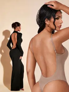 Beige Seamless Backless Bodysuit, High-Elastic Low-Back Shapewear with Slimming Support, All-Day Comfort No-Show Lingerie for Formal Events