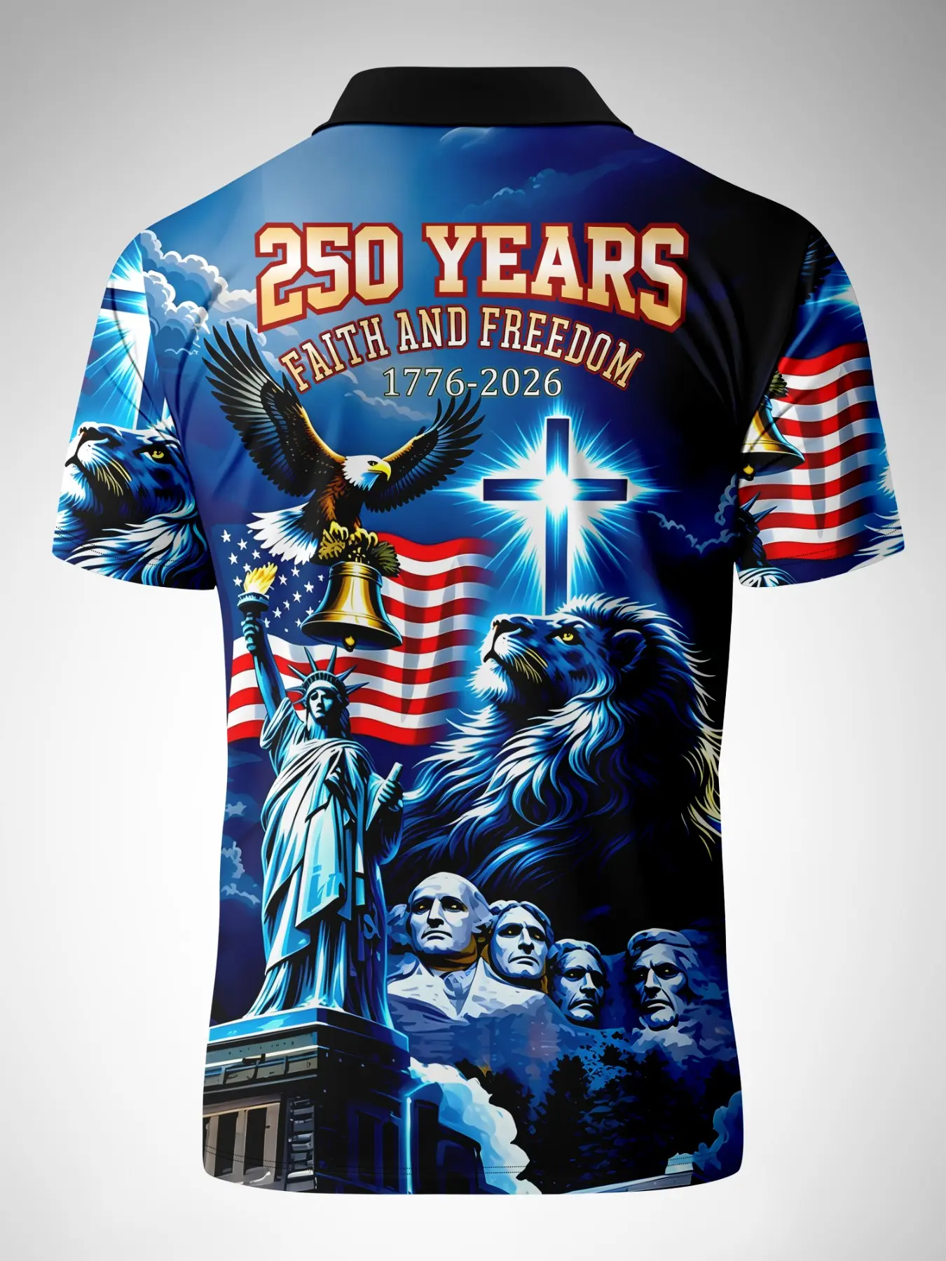 Men's American Independence 250th Anniversary Patriotic Polo Shirt, Statue of Liberty Lion Eagle Full Print Back Short Sleeve Top