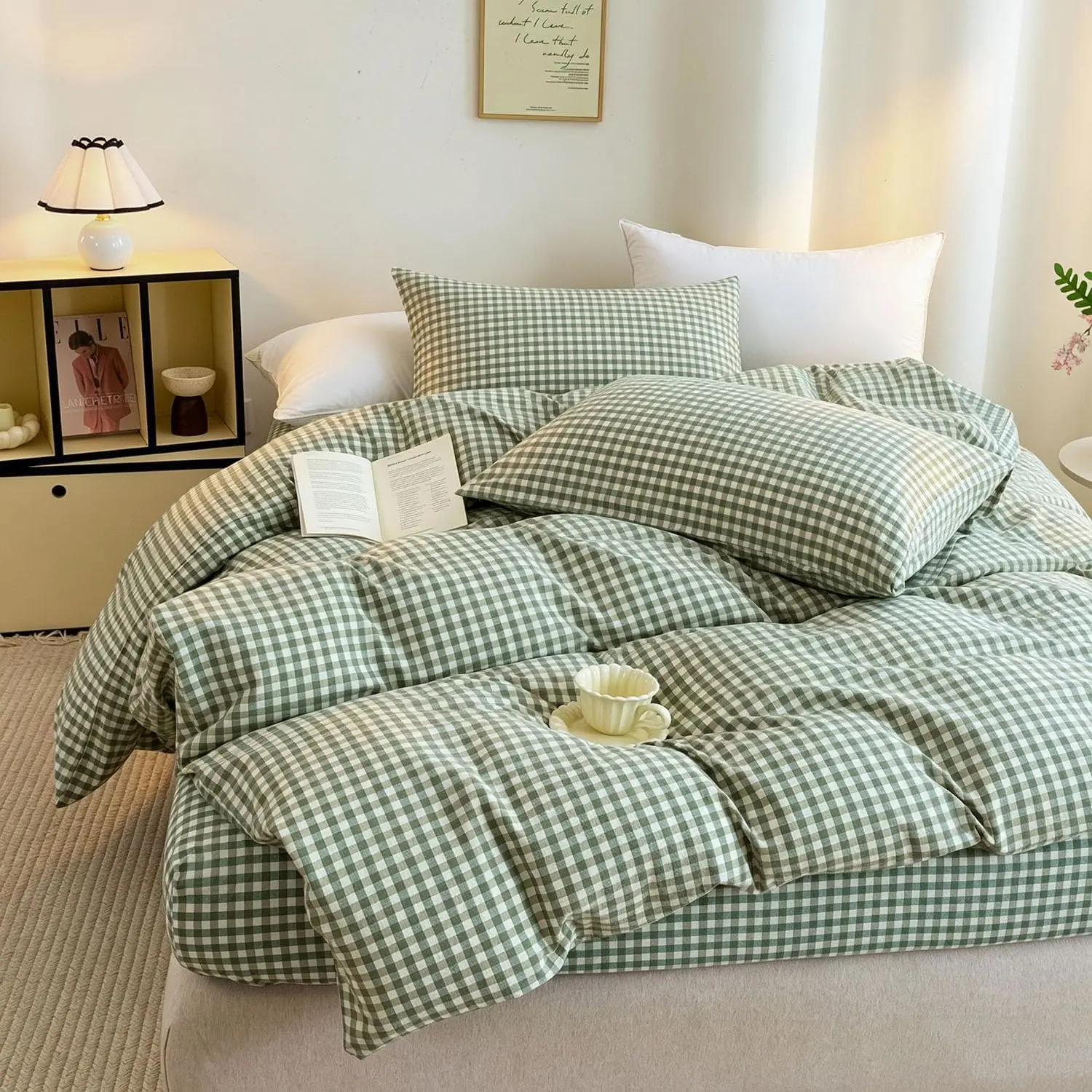 Green Gingham Checkered Grid 3-Piece King Duvet Cover Set - 100% Washed Cotton, Retro Minimalist Bedroom Decor, Breathable, Easy Care, Zipper Closure, Corner Ties, 3 Pieces