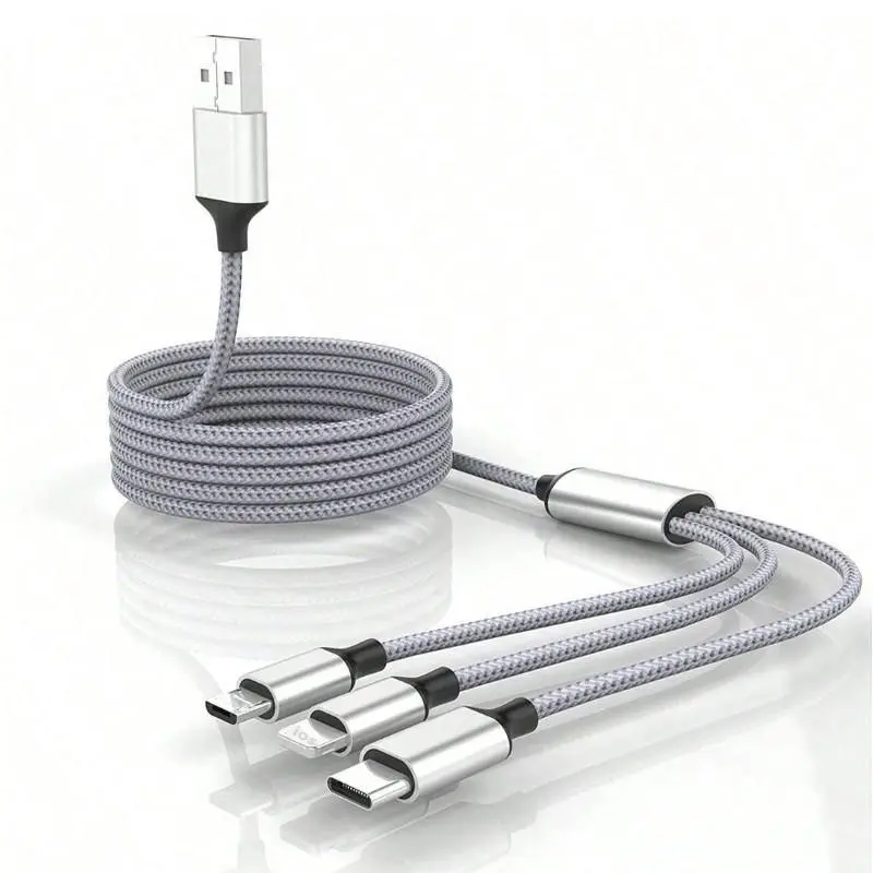 Three-In-One Braided Nylon Data Cable, 120cm/1.2m, Supports USB to Type-C, Lightning, Micro USB, Fast Charging, Durable Design, USB Cord, Cellphone
