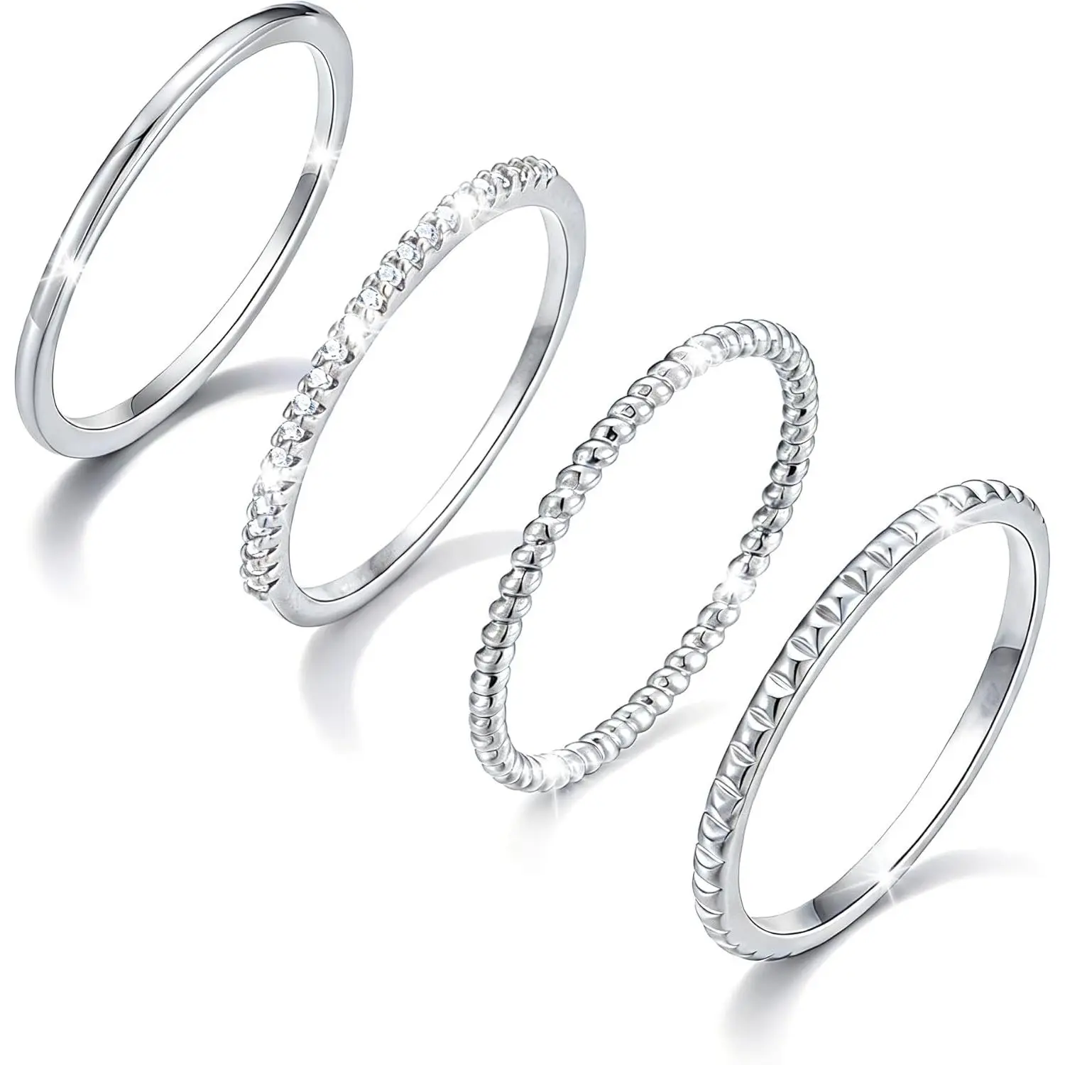 Silver Stacking Rings for Women 14K Gold Plated Ring Non Tarnish Thin Trendy Stackable Dainty Cubic Zirconia Finger Pinky Thumb Wedding Band Rings Set Jewelry Gifts Size 5-10