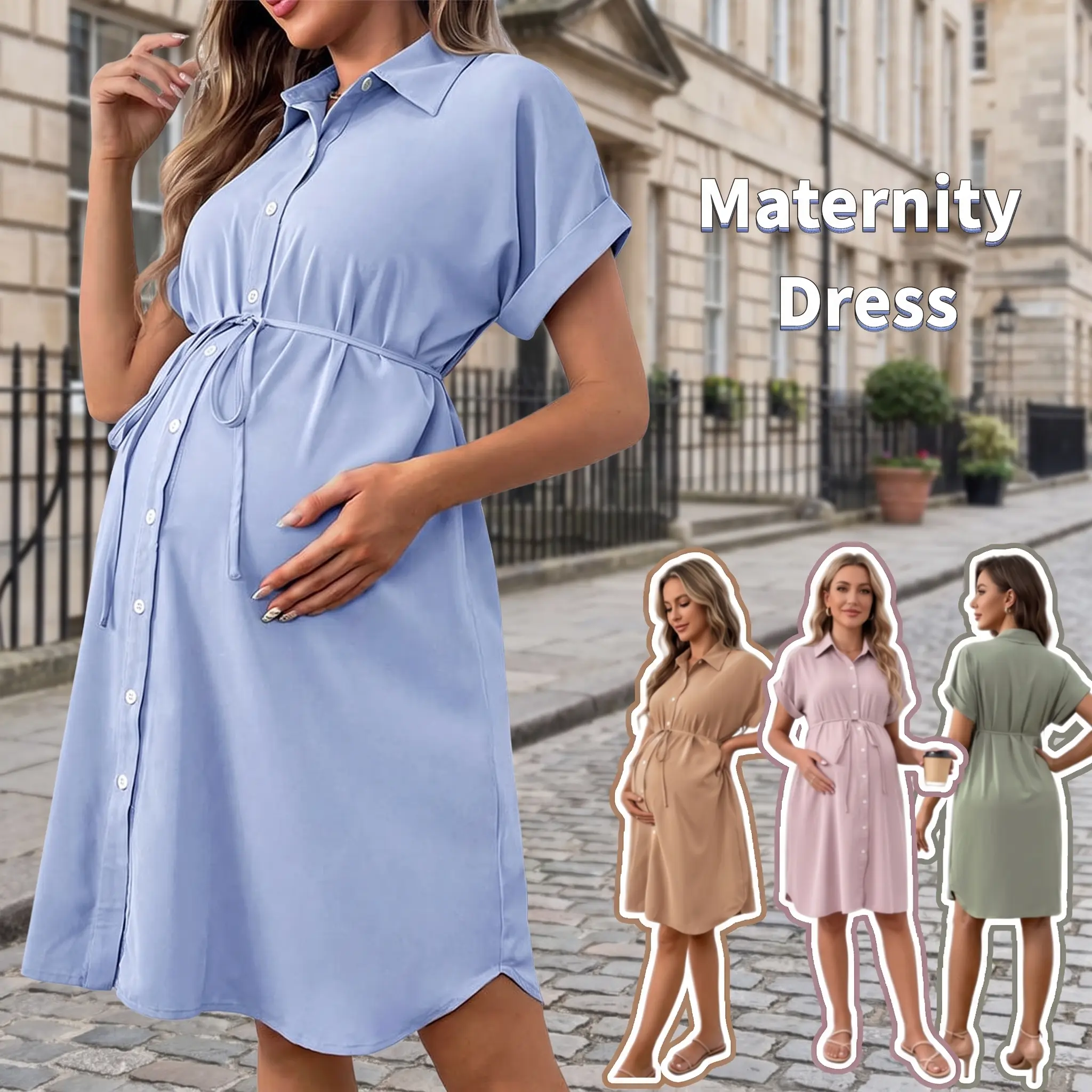 Maternity Shirt Dress Button Down Summer Pregnancy Dress with Adjustable Tie Waist Nursing Friendly Casual Dress for Baby Shower Work Vacation