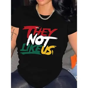 THEY NOT LIKE US" Women'S Casual Crew Neck T-Shirt - Short Sleeve, Orange with Green & Yellow Letter Print, Lightweight Polyester, Perfect for Spring & Summer, Ladies T Shirts