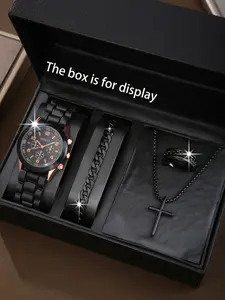 4pcs Men's Fashion Three-Eye Watch Set with Cross Necklace Bracelet, Perfect Gift for Father's Day, Christmas, Valentine's Day