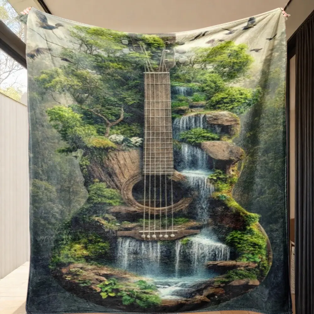 Guitar Forest Art Music Blanket, Soft Flannel Material, Warm and Comfortable, Ideal for Home Decor, Camping, and Outdoor Activities
