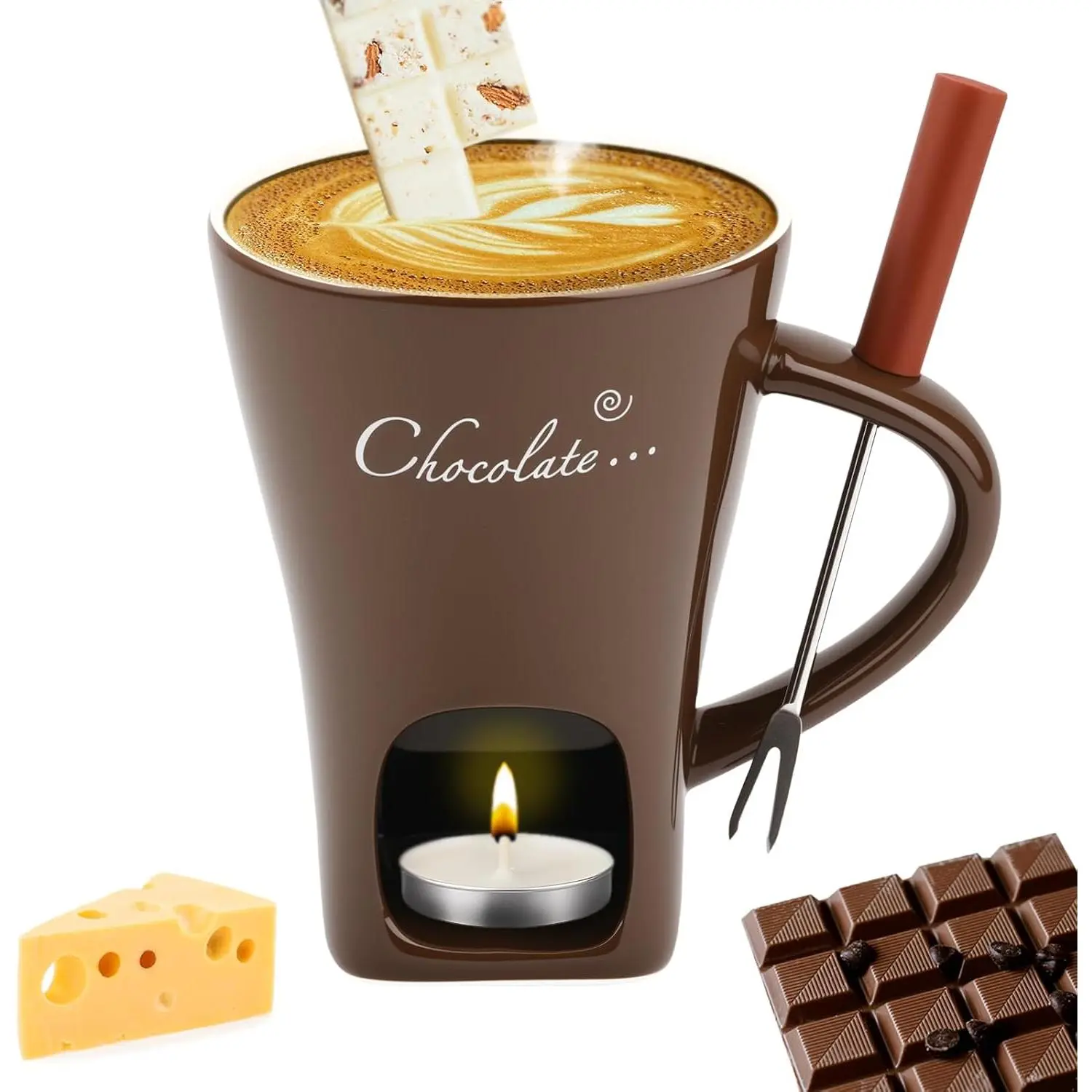 Fondue Mug with Forks  Melting Cup Ceramic Mini Tealight Pot for Cheese Candy Coffee Warmer Camping Date Movie Night Birthday Wedding Desserts ()