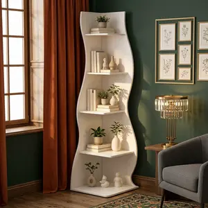 White 5 Tier Wavy Corner Display Shelf, Modern Curved Wood Storage Rack Multi-Purpose Plant Stand Bookcase Organizer For Living Room Bedroom Apartment Dorm Small Space Home Decor