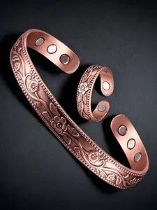 Vintage Relief Flower Pure Copper Magnetic Therapy Bracelet Ring Set, Elegant Jewelry Gift, Health & Wellness Accessory