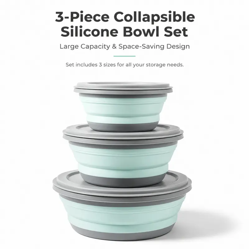 3-Piece Collapsible Silicone Bowl Set with Lids | BPA-Free, Durable Kitchenware, Space-Saving Nesting Bowls for Food Storage, Meal Prep, Travel, Camping & Outdoor Cooking Supplies