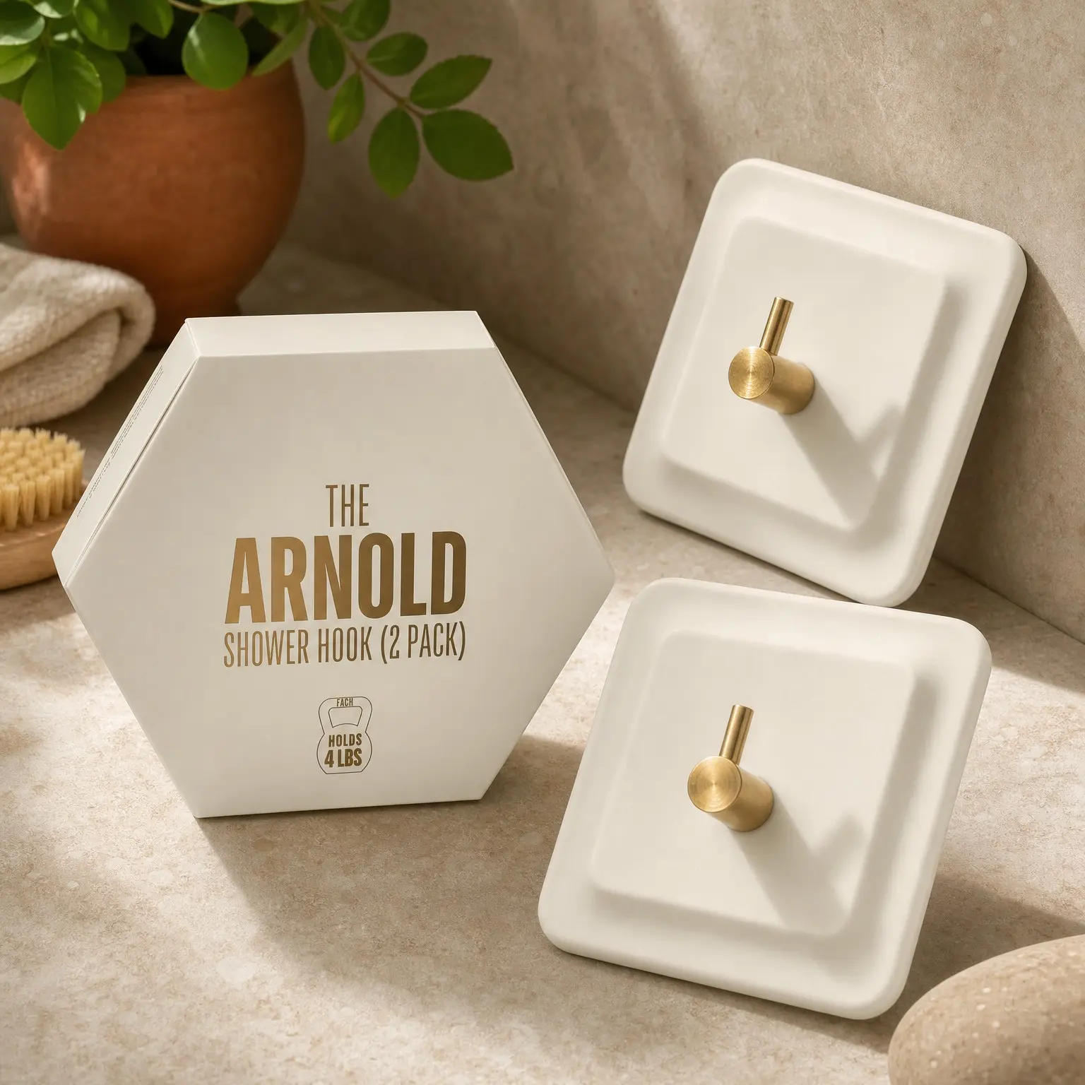 Silicone Shower Hook 2 Pack, Adhesive Hooks - Sand | Waterproof Bathroom Hooks for Towels, Robes, Bath Brushes & Shower Accessories, Removable, Reusable, Easy to InstallGift