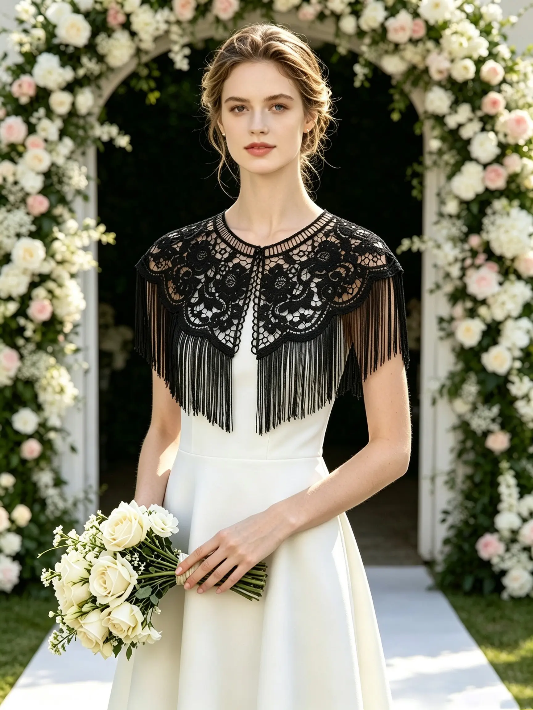 Women's Bohemian Gothic Floral Lace Fringe Shawl, Elegant Hollow Out Transparent Cape, Wedding Bridal Cocktail Evening Gown Accessory