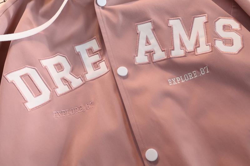 A hooded letter jacket, featuring a casual and simple style. The hooded design is sleek and elegant, while the overall design is practical and versatile. The letter embroidery adds a touch of sophistication, and the striped accent at the cuffs completes t