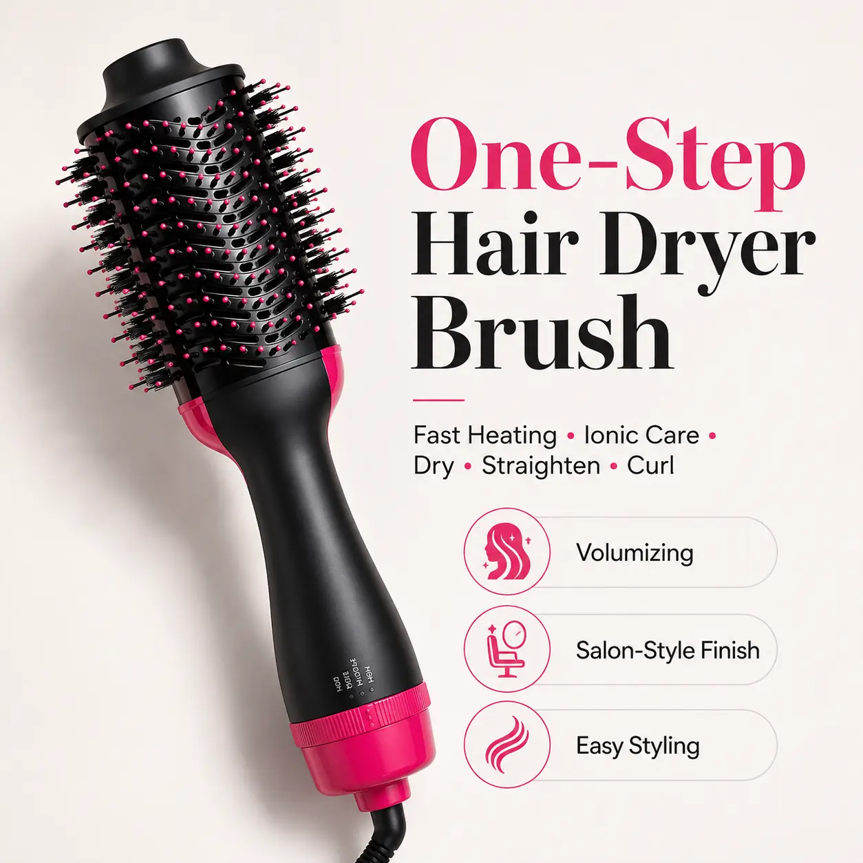 1-Step Ionic Brush Dryer - Fast Drying Single Unit Hair Styler, Volumizing Comb for Home Styling, Smoothing, Straightening & Soft Curls for All Hair Types