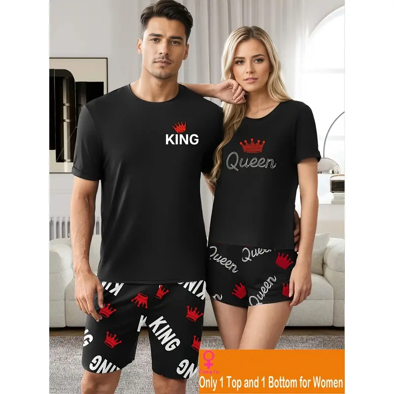 Women's & Men's Valentine's Day Couple 2-Piece Loungewear Set - Short-Sleeve Top, Shorts, King & Queen Letter Print Romantic Pajamas Suits