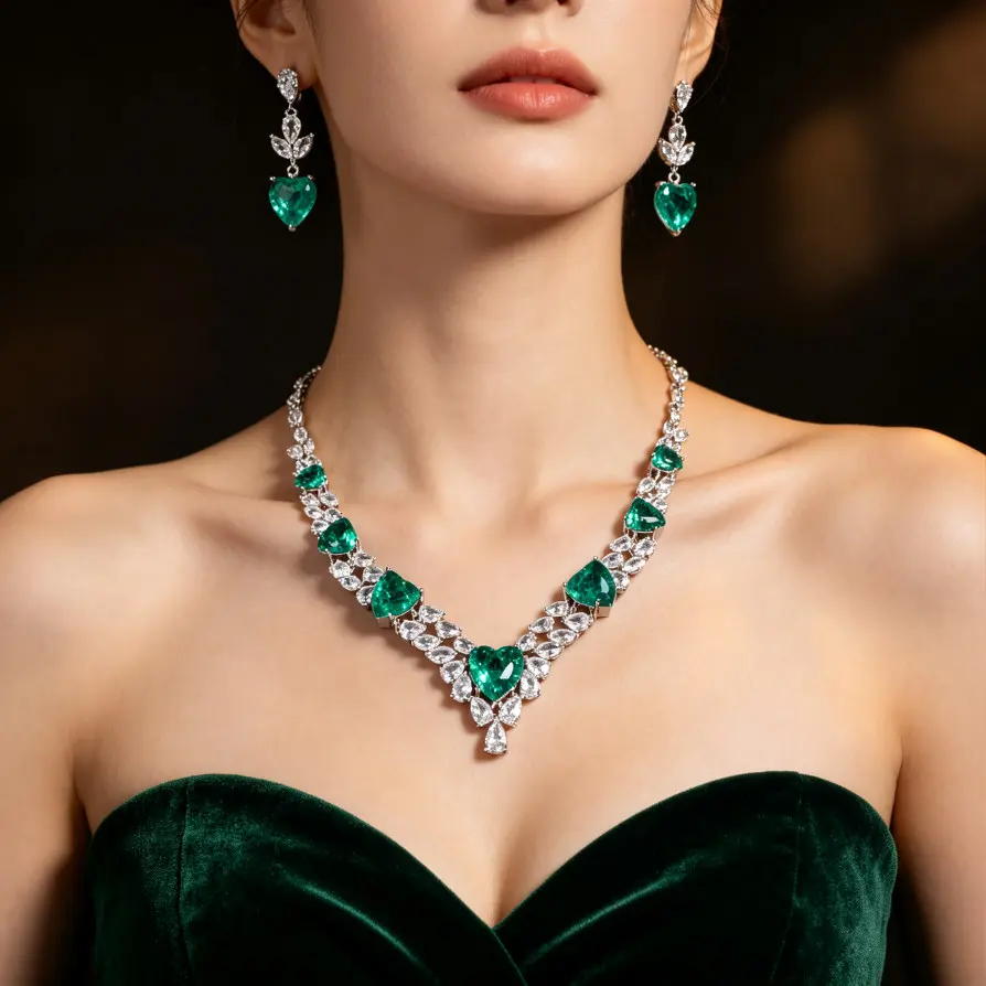 Women's 2-Piece Romantic Heart-Cut Zirconia Jewelry Set - Elegant V-Shape Necklace, Dangle Earrings for Formal Occasions