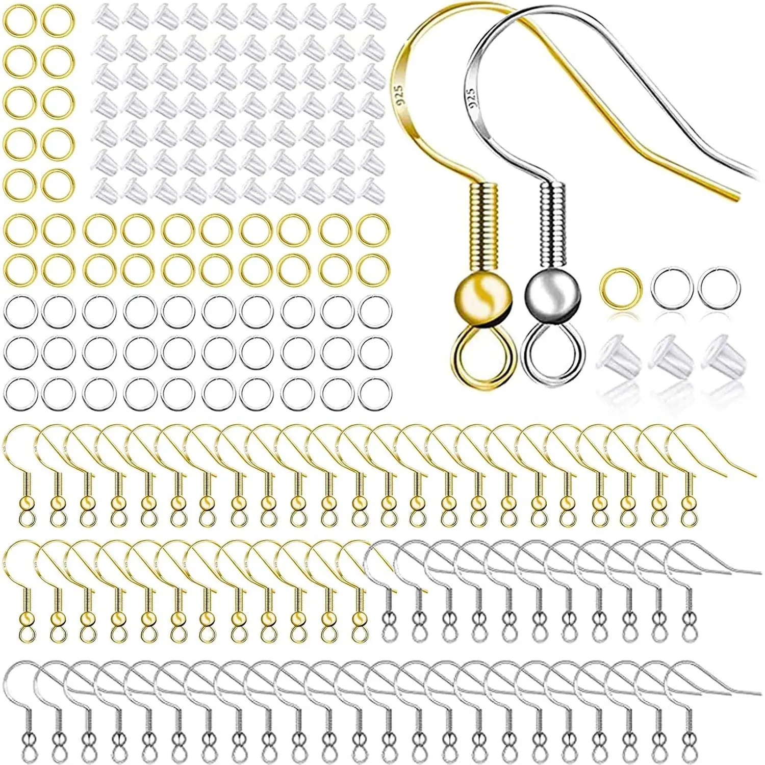 Earring Hooks 150 count/75 Pairs,  Plated Ear Wires | Nickel free,Jump Rings,Fish Hooks,Clear  Backs Stoppers, Plated copper ,500pcs Earring Making kit
