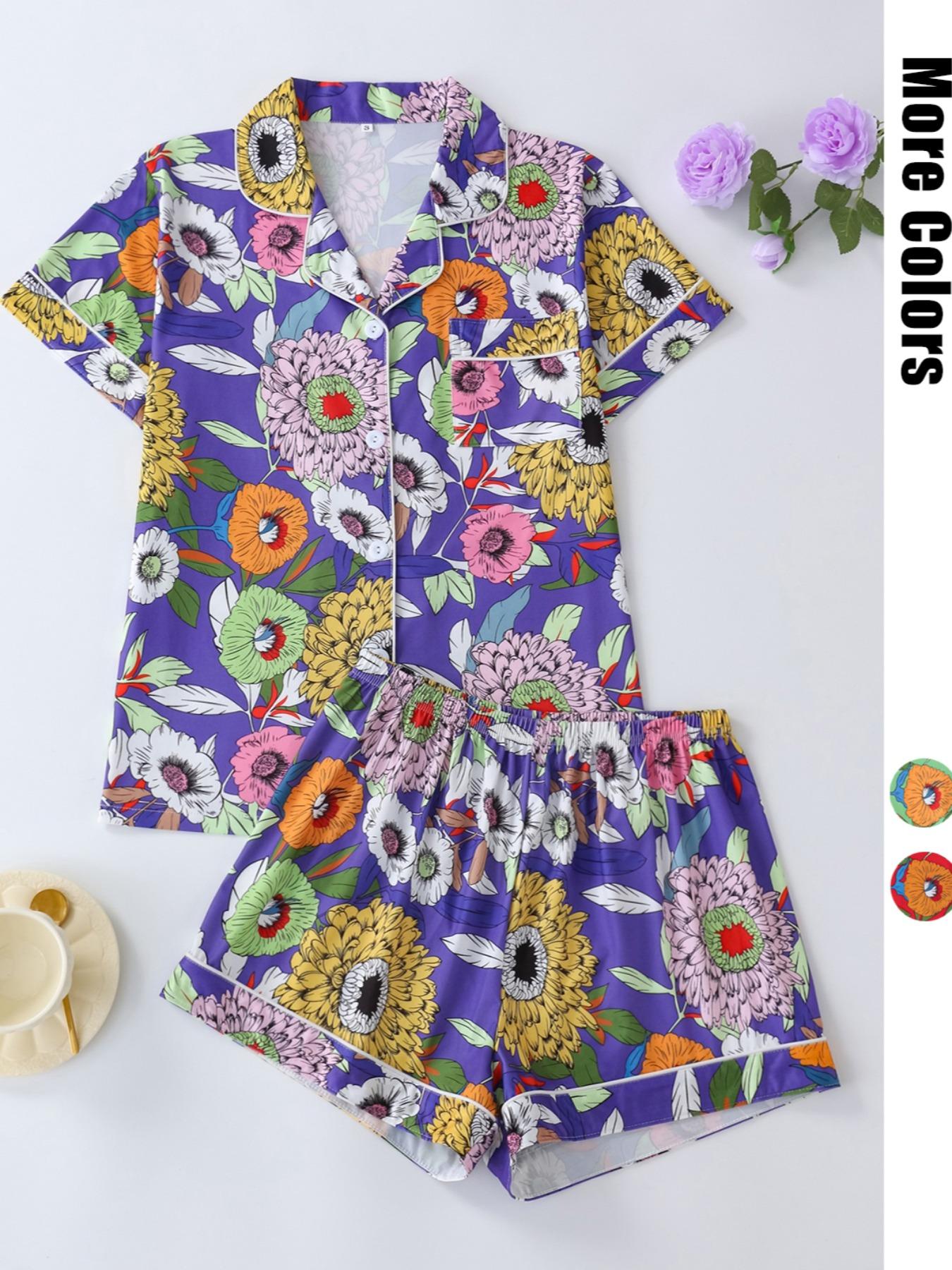 Women's Floral Print Lapel Neck Button Front Shirt & Elastic Waist Shorts Pyjama Two-piece Set, Casual Comfy Short Sleeve Pocket Top & Shorts Pj Set, Ladies Summer Sleepwear, Cute Pajama Sets Women, Pajamas, Button Closure Top