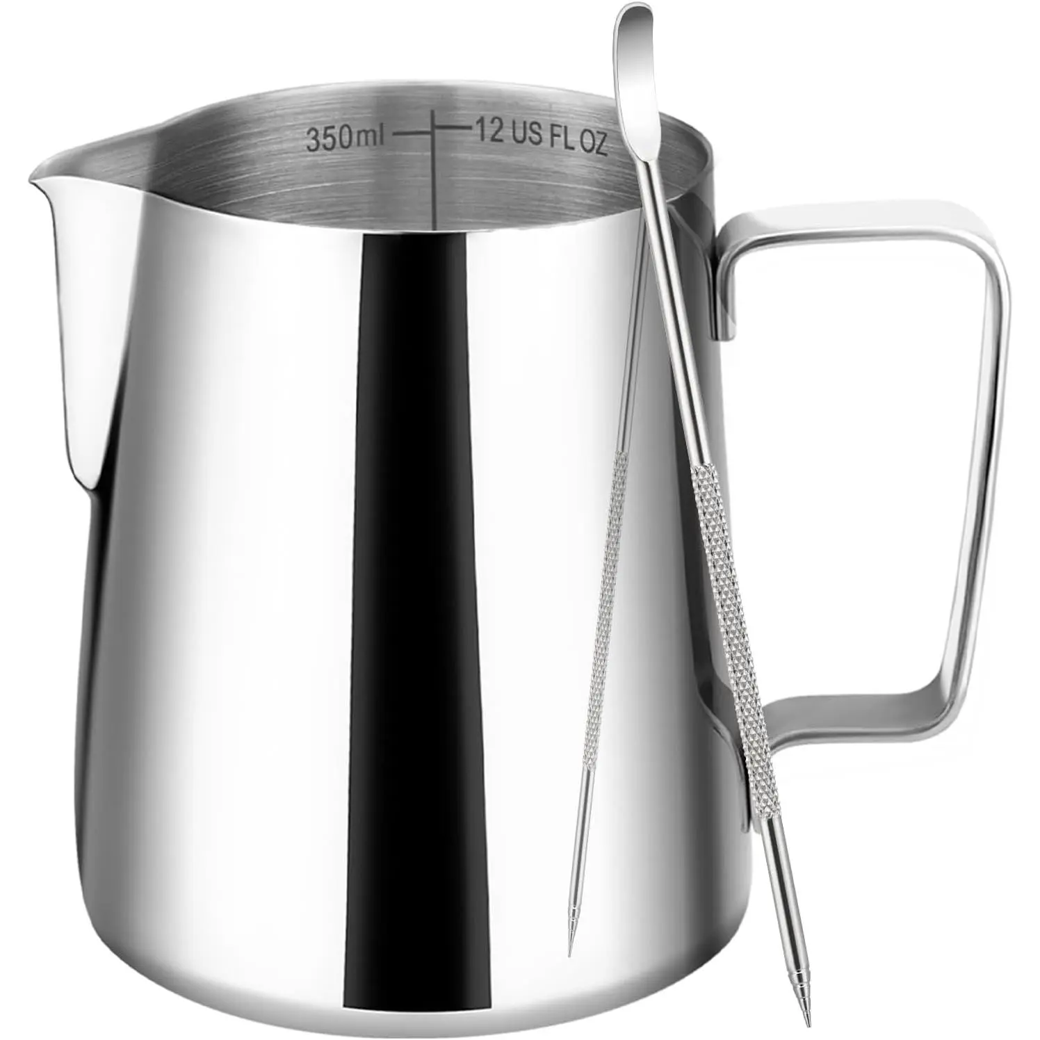Milk Frothing Pitcher, 12oz Milk Frother Cup with Clear Scale, 304 Stainless Steel Cappuccino Espresso Machine Accessories for Barista Coffee Bar with Latte Art Pen,