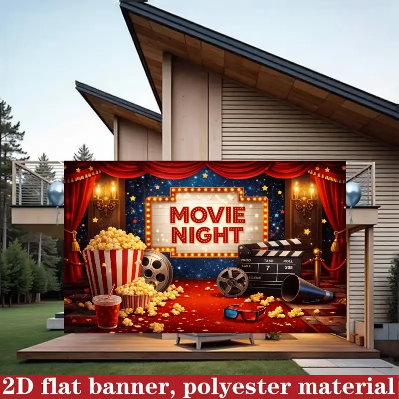 2D Flat 1pc Cinema Night Popcorn Banner, Indoor Outdoor Use, Home Theater Decor, Movie Party Wall Decoration, Polyester Material, Multiple Sizes