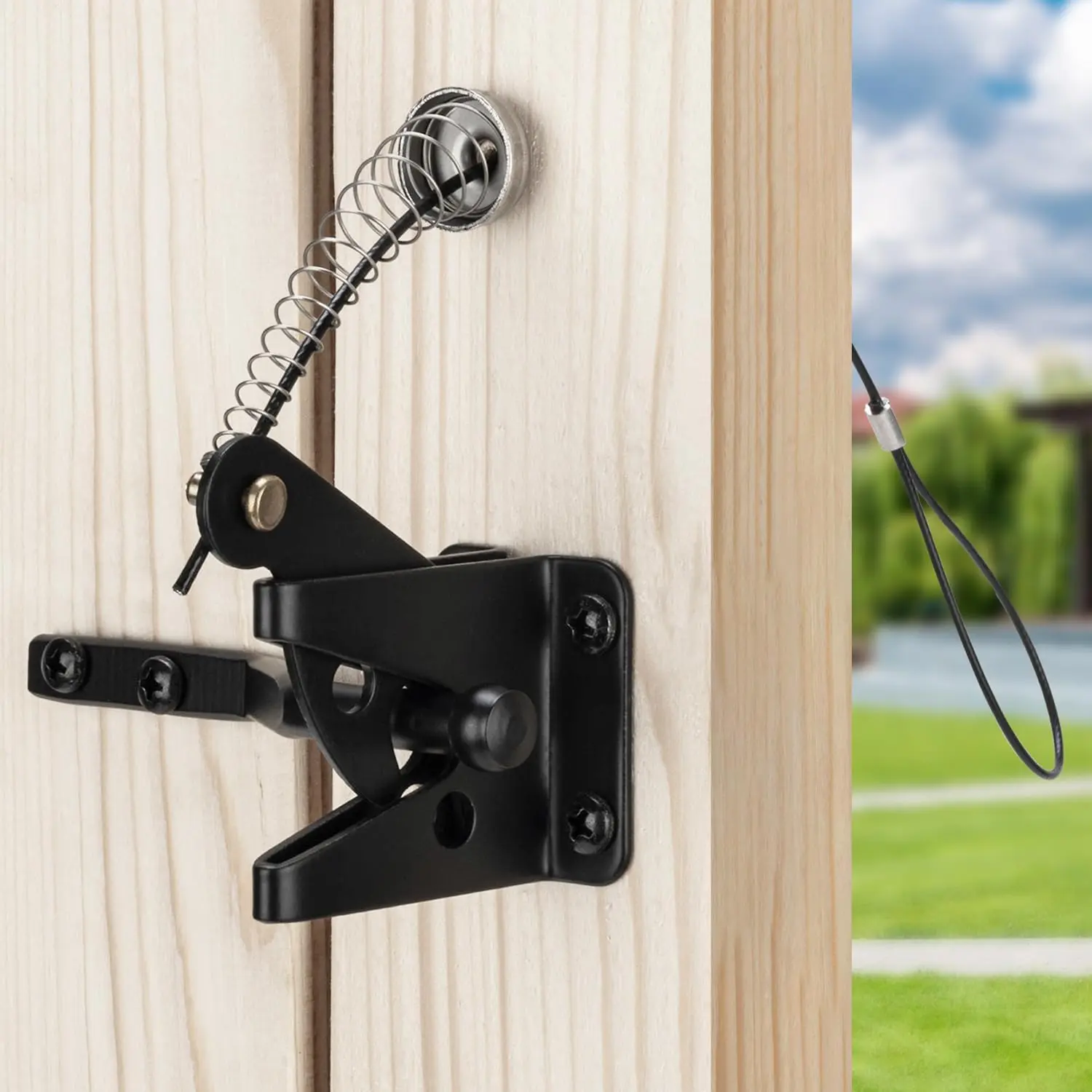 Self Locking Gate Latch with Spring  Pull, Heavy Duty Automatic Gravity Lever Gate Fence Door Latches for Wooden Fence/Vinyl Door/Outdoor Secure Pool/Garden, Black-1 Pack
