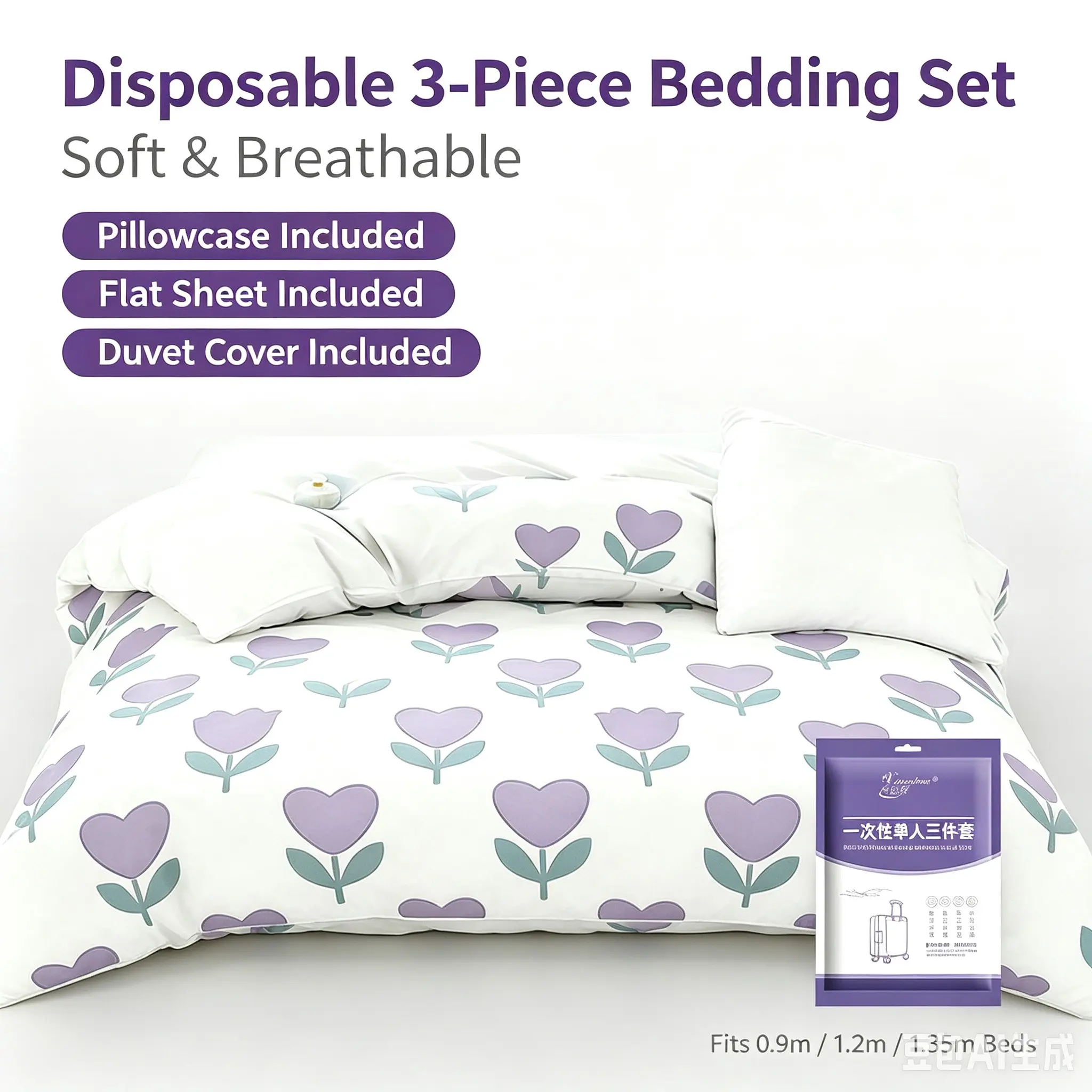 1 Set Thickened SMMS Disposable Bed Sheet Set – 3/4-Piece Travel Hotel Bedding with Tulip Print Options, Stain-Proof Fitted Sheet, Duvet Cover & Pillowcases for Single/Double Bed, Portable for Hotel/Airbnb/Camping/Dorm