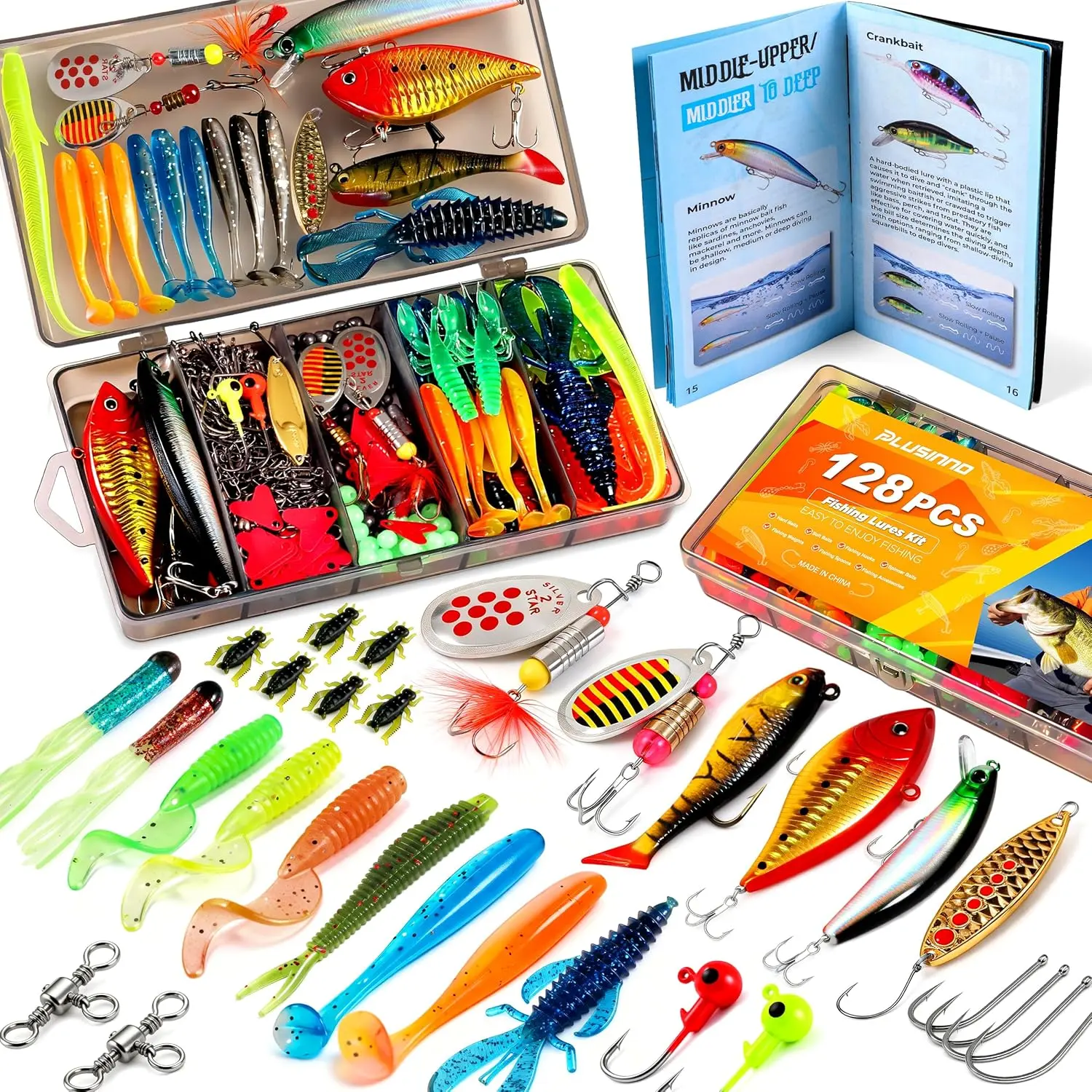 PLUSINNO Fishing Lures, All-in-One Fishing Tackle Box with Tackle Included, Fishing Gear Lure Bait Accessories Kit for Freshwater Bass Trout, Ideal Fishing Gifts for Men, Father & Beginners