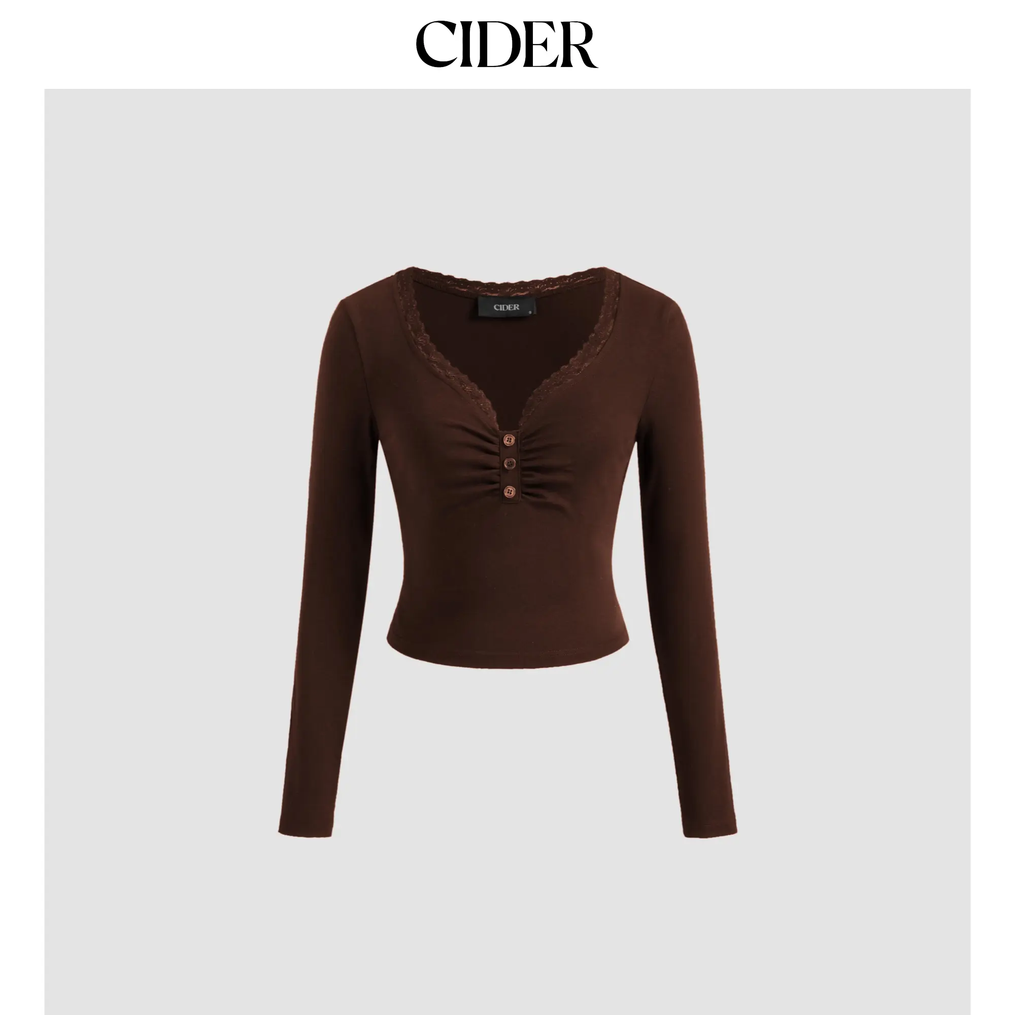 Cider [3 colors, size 0-26] Cotton-blend V-neck Solid Lace Trim Button Ruched Long Sleeve Top SummerFinds