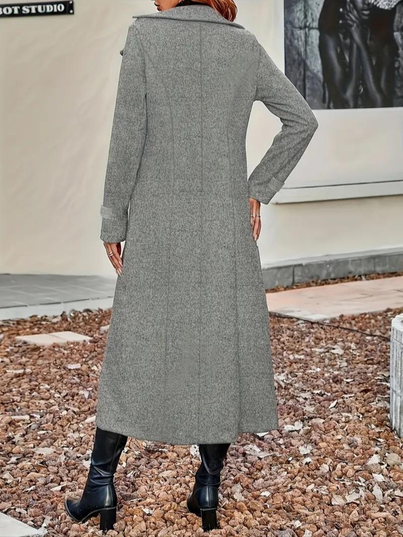 Women's Solid Double-Breasted Wool Coat, Elegant Long Coat for Autumn & Winter Wear