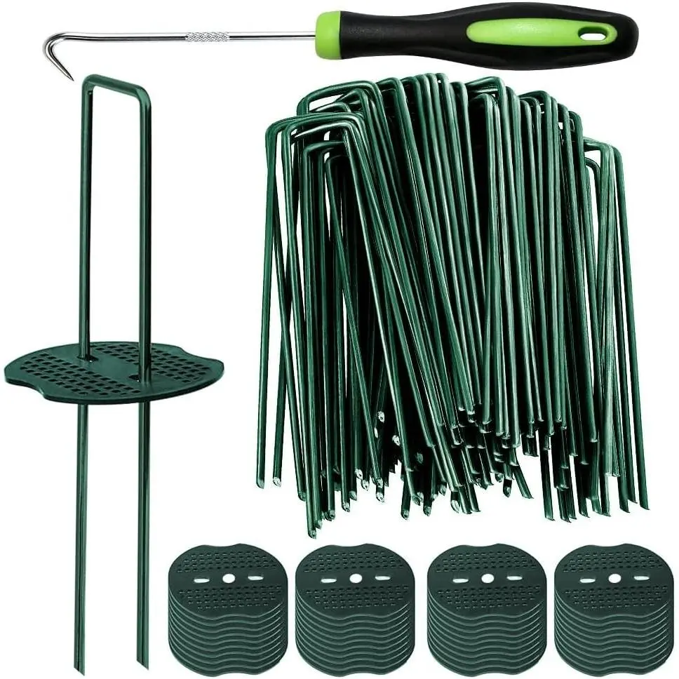 50pcs Green Artificial Turf Stakes Staples + 50pcs Buffer Washer, 6 Inch 11 Gauge Landscape Staples, Galvanized Lawn Spikes, Heavy Duty Yard Ground Pin for Grass Weed Barrier Sod Fabric