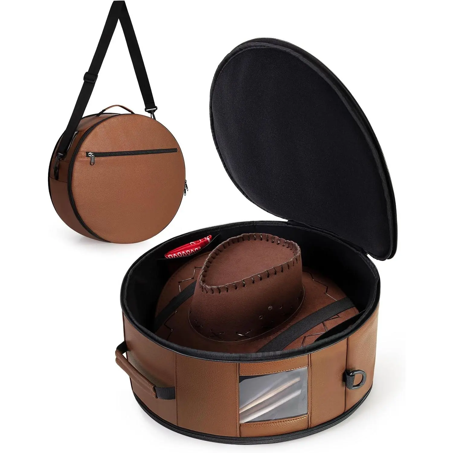 Marscamd Vegan Leather Hat Box Fits 4 Cowboy or Wide-Brim Hats, Dark Brown | Padded Storage Case, Shoulder Strap, Trolley Sleeve, For Travel or Home Storage - Orbit Series